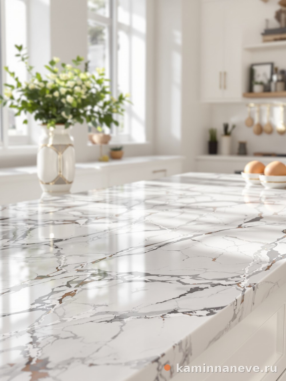 Каменная столешница книжной раскладки с выразительными прожилками